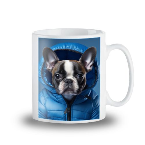 Francia bulldogos bögre kék pufi kabátos bébi bulldoggal
